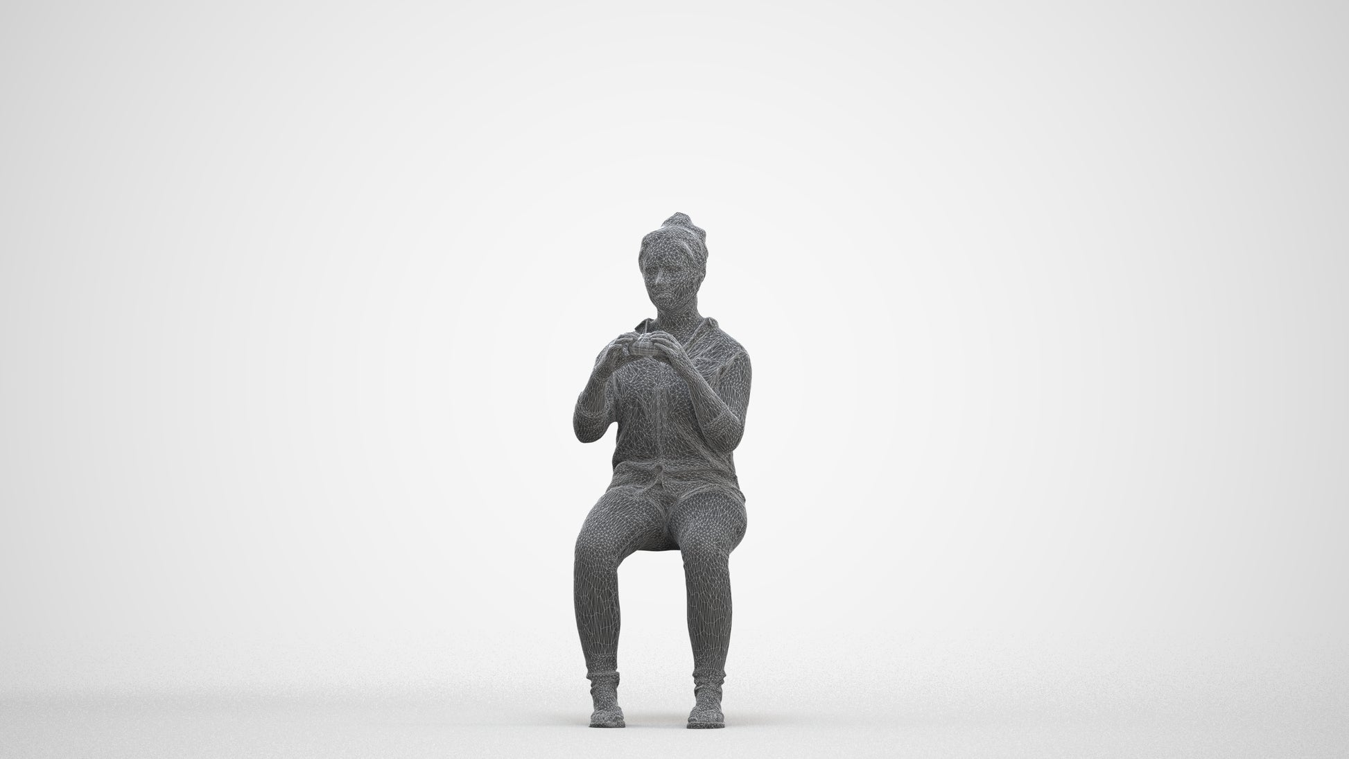 realistic 3D human woman casual sitting, archviz people FBX OBJ for Blender, three-quarter front view render