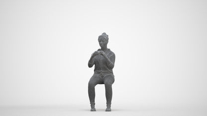 realistic 3D human woman casual sitting, archviz people FBX OBJ for Blender, three-quarter front view render