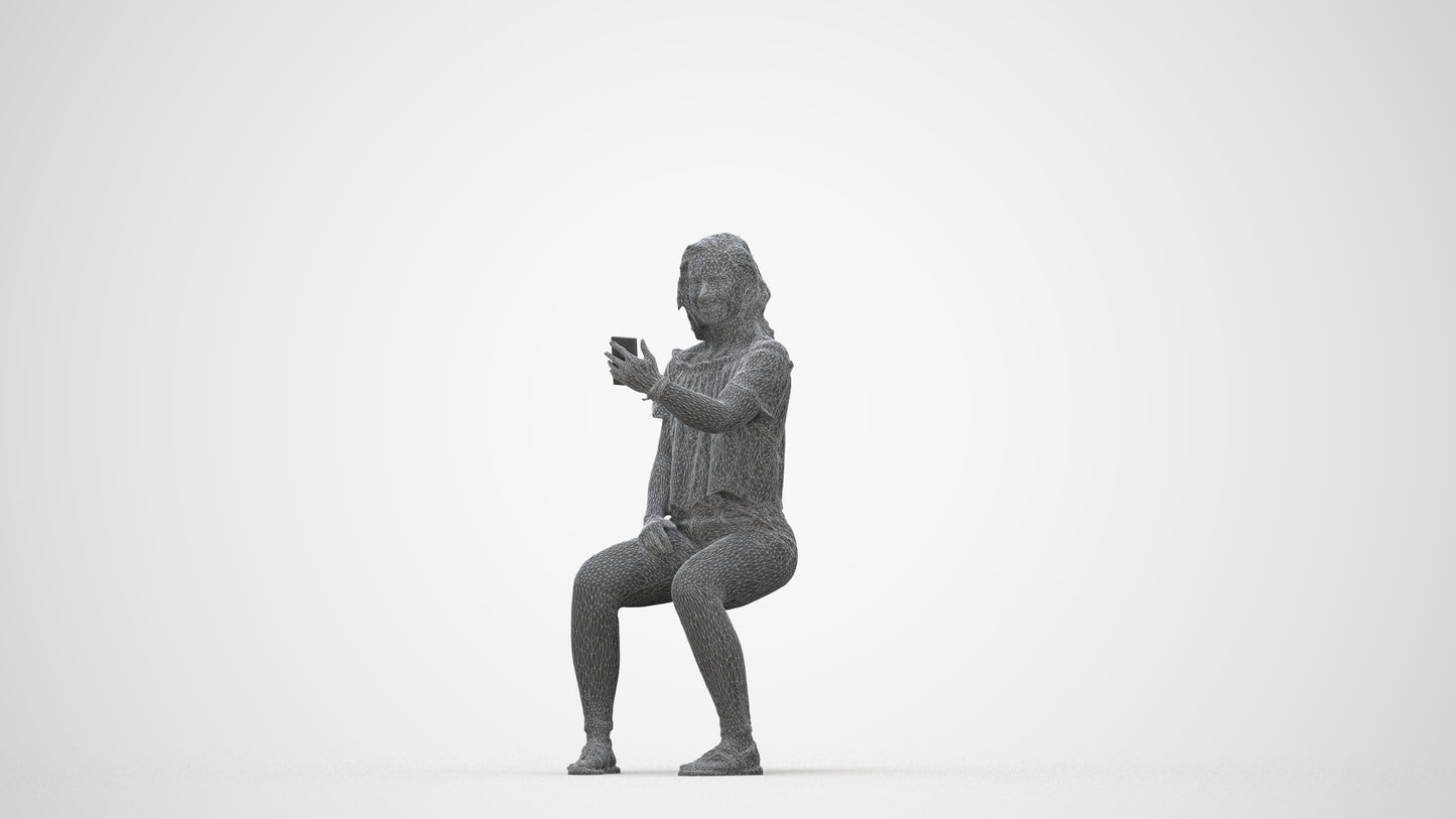realistic 3D human woman casual sitting, archviz people FBX OBJ for Blender, wireframe back view