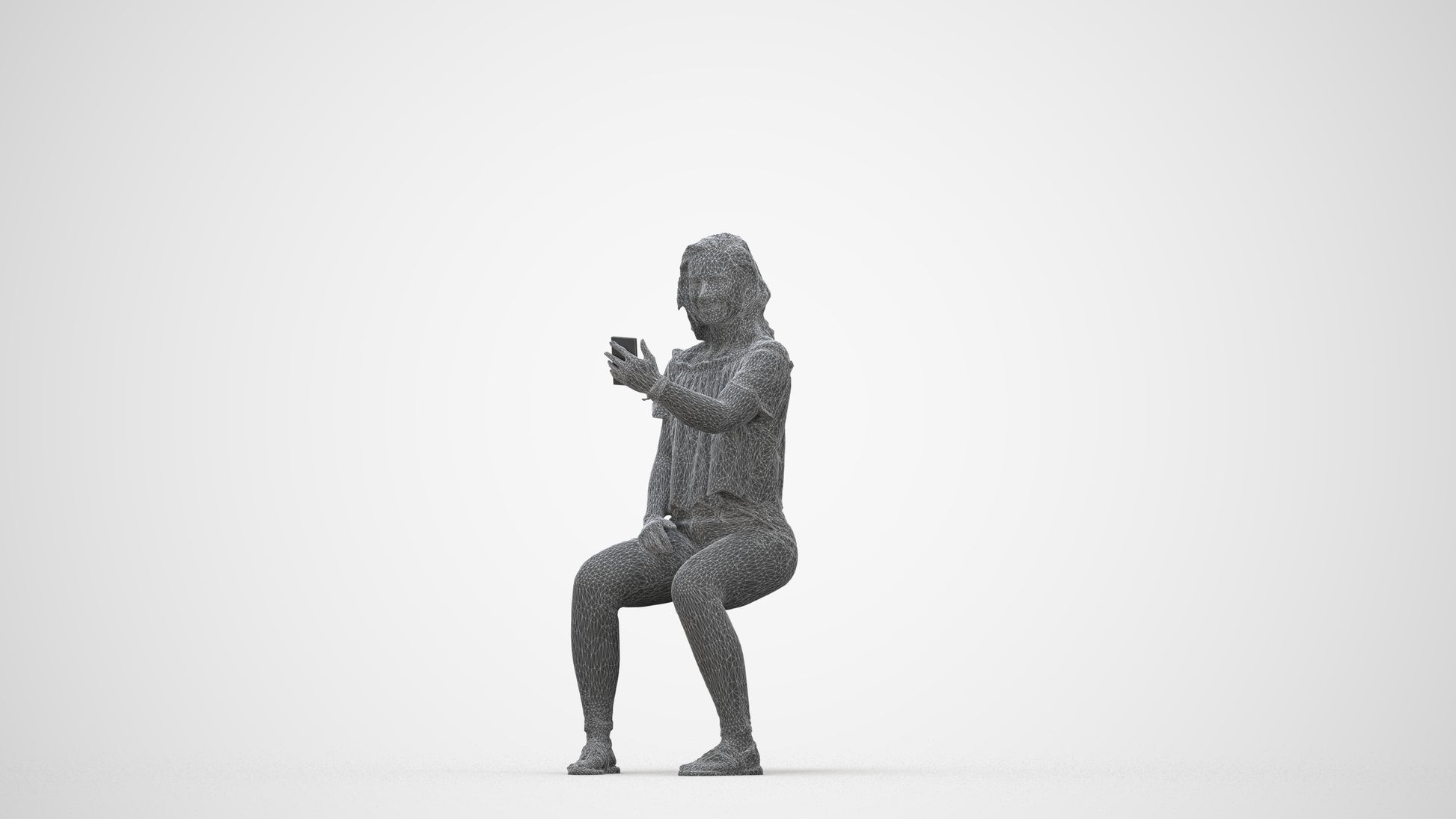 realistic 3D human woman casual sitting, archviz people FBX OBJ for Blender, wireframe back view