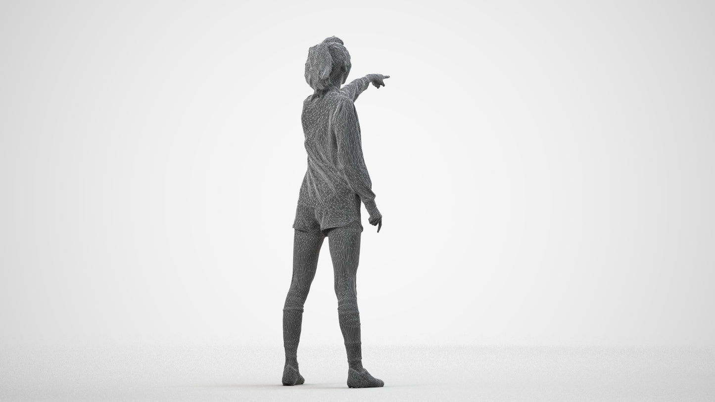 3D human model woman sport, photogrammetry scanned person for archviz, wireframe side view