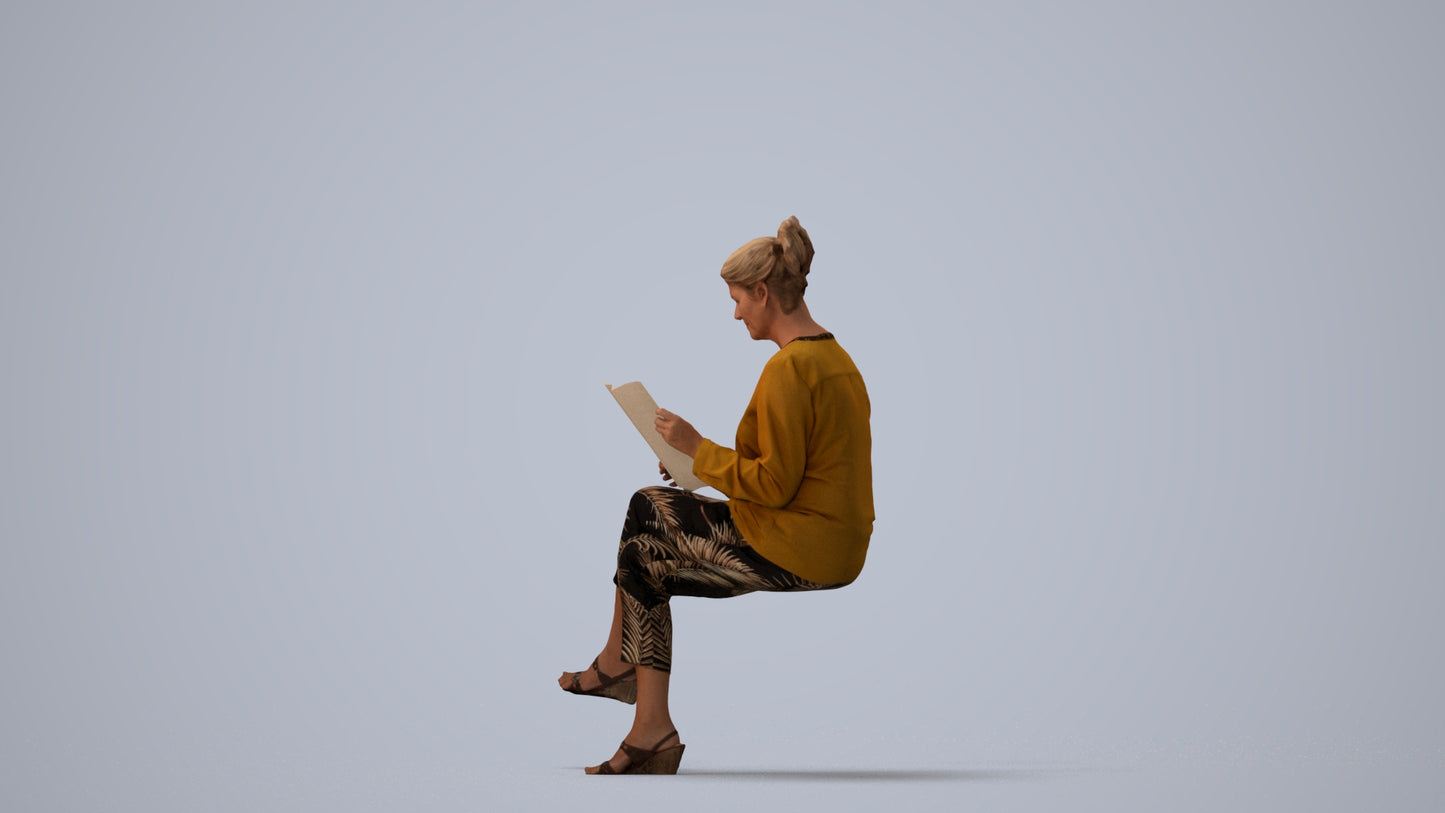 3D people model woman casual sitting, scanned human for 3ds Max rendering, three-quarter view render