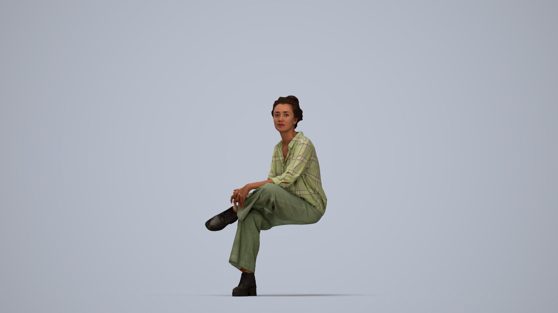 realistic 3D human woman casual sitting, archviz people FBX OBJ for Blender, top-down view render