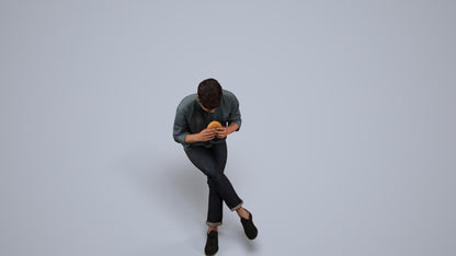 realistic 3D human man casual sitting, archviz people FBX OBJ for Blender, back view render