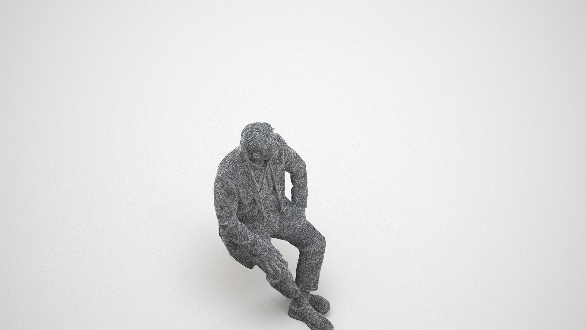 3D people model senior man business sitting, scanned human for 3ds Max rendering, wireframe three-quarter view