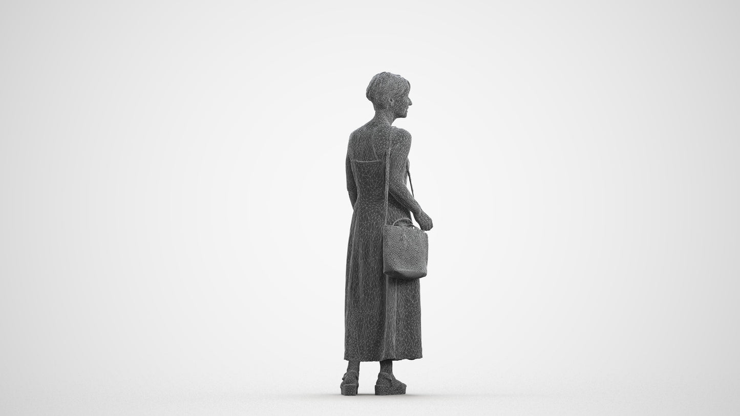 3D human model senior woman standing, photogrammetry scanned person for archviz, wireframe front view
