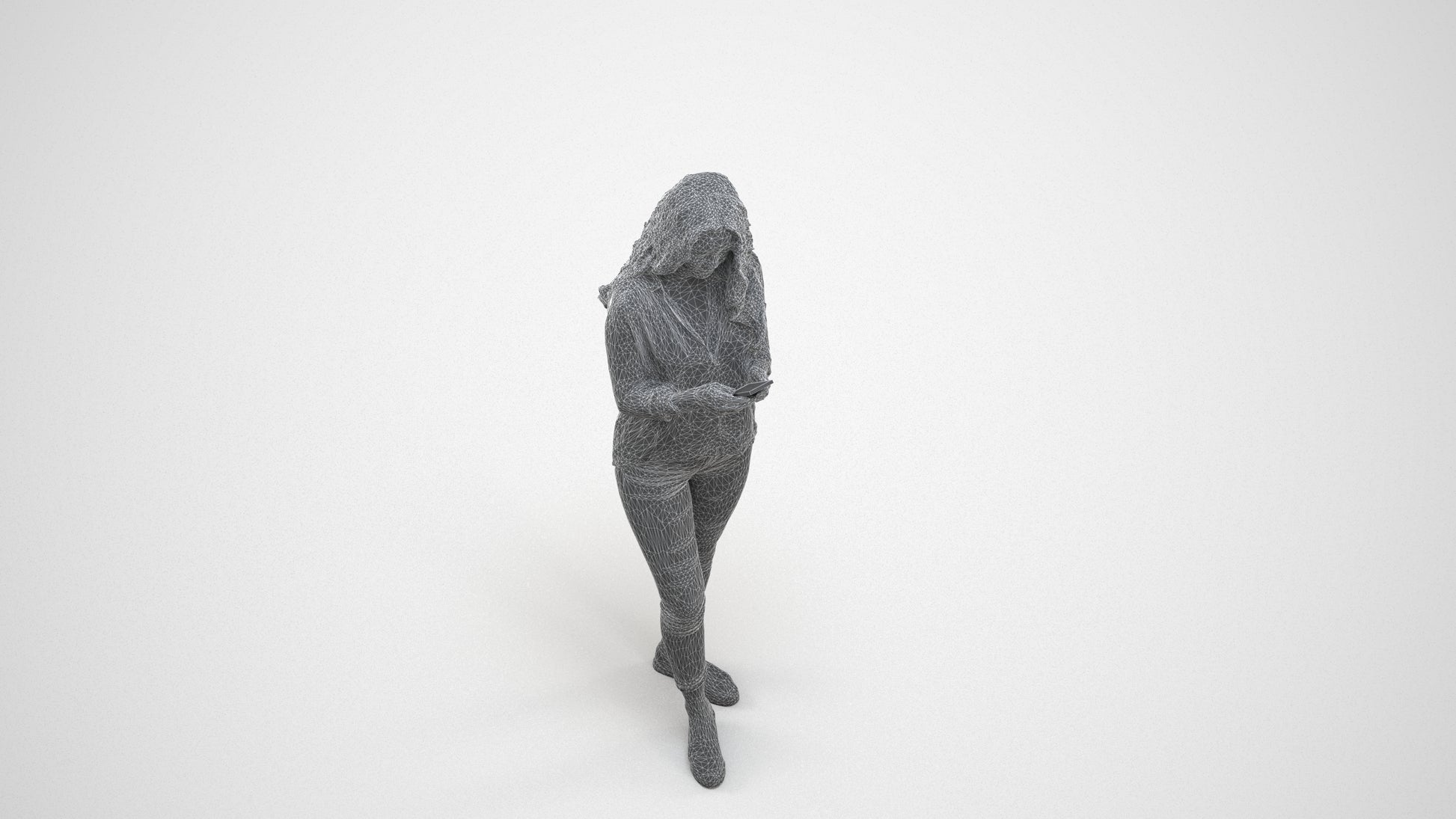 3D scanned woman walking, photorealistic archviz people for Enscape and SketchUp, wireframe three-quarter view