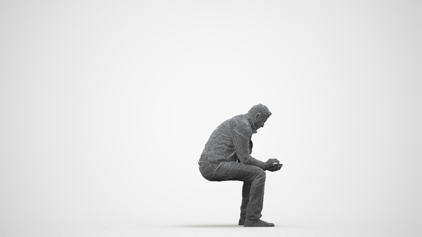 realistic 3D human man casual sitting, archviz people FBX OBJ for Blender, wireframe side view