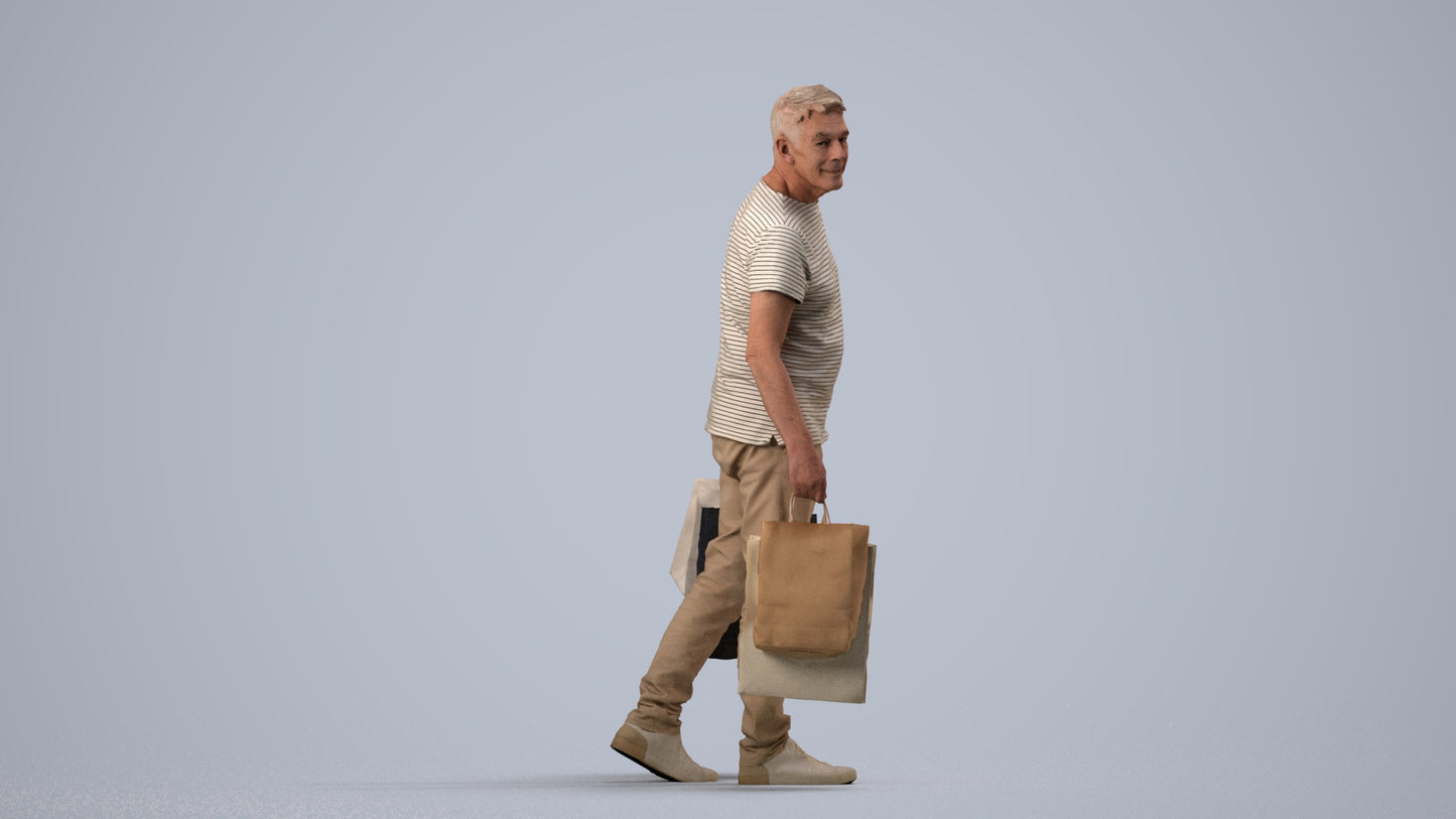 scanned 3D senior man casual shopping, photogrammetry people for Enscape and V-Ray, side view render