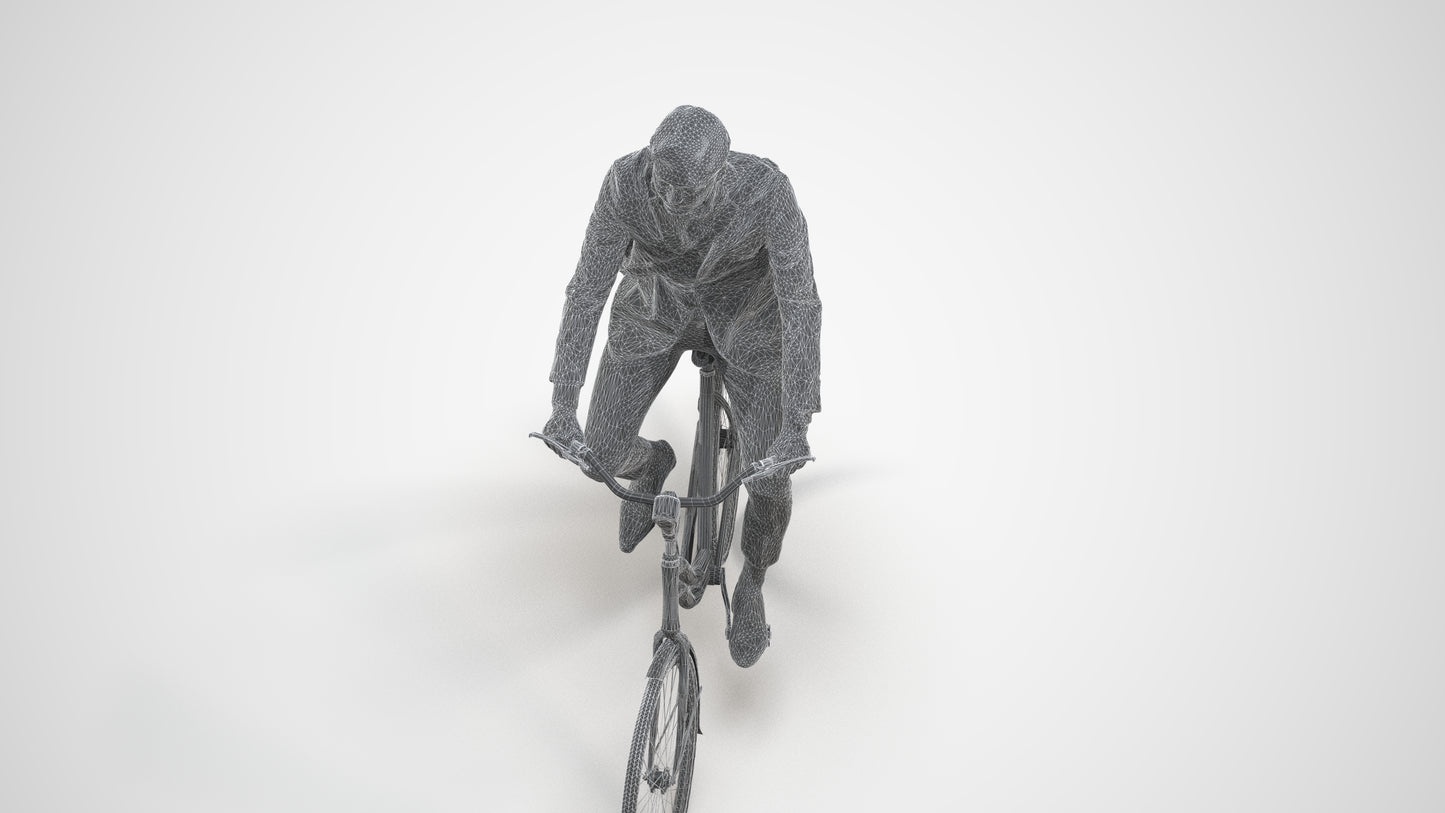 photogrammetry 3D man business cycling, realistic human model archviz FBX, wireframe three-quarter view