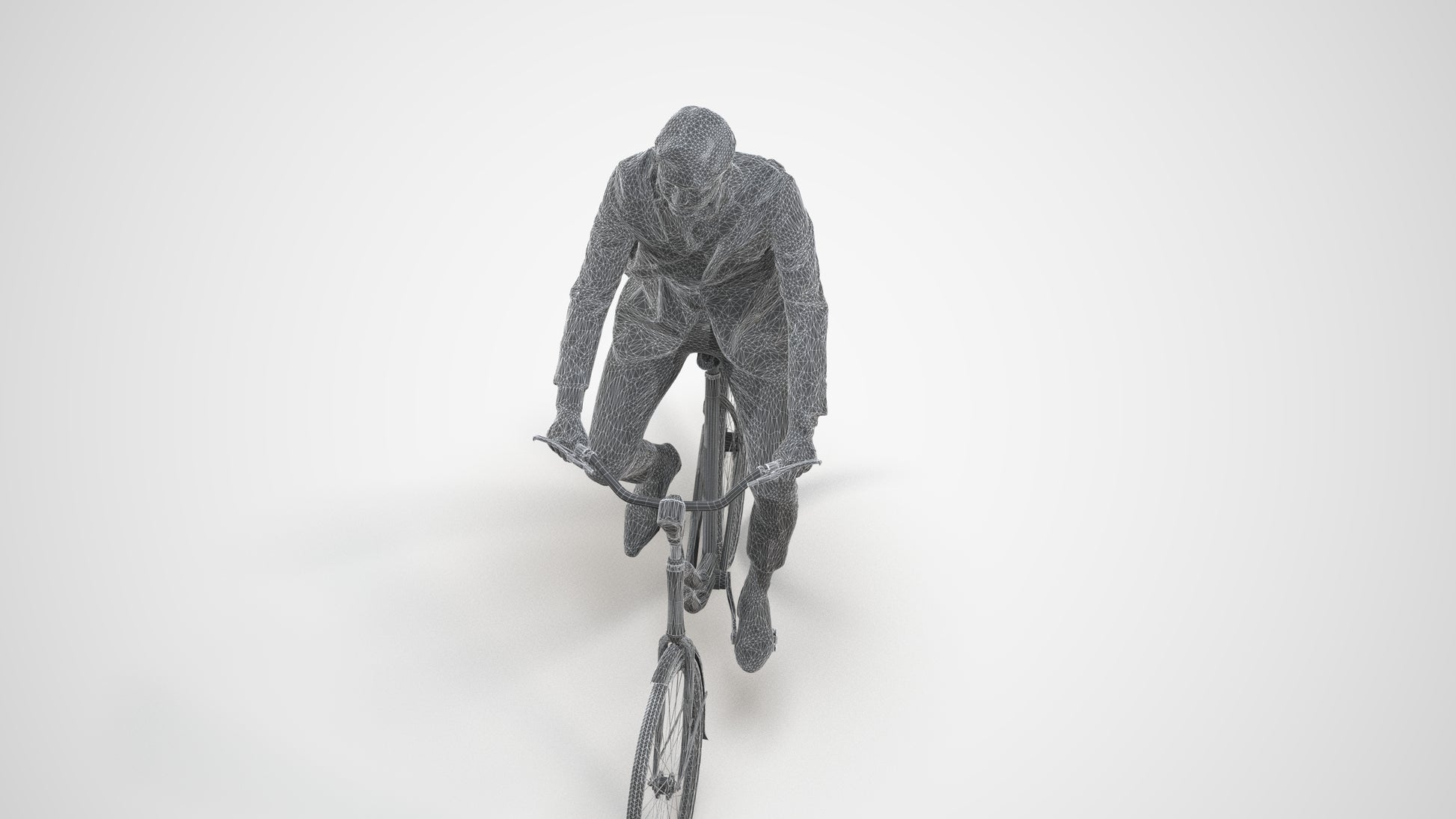 photogrammetry 3D man business cycling, realistic human model archviz FBX, wireframe three-quarter view