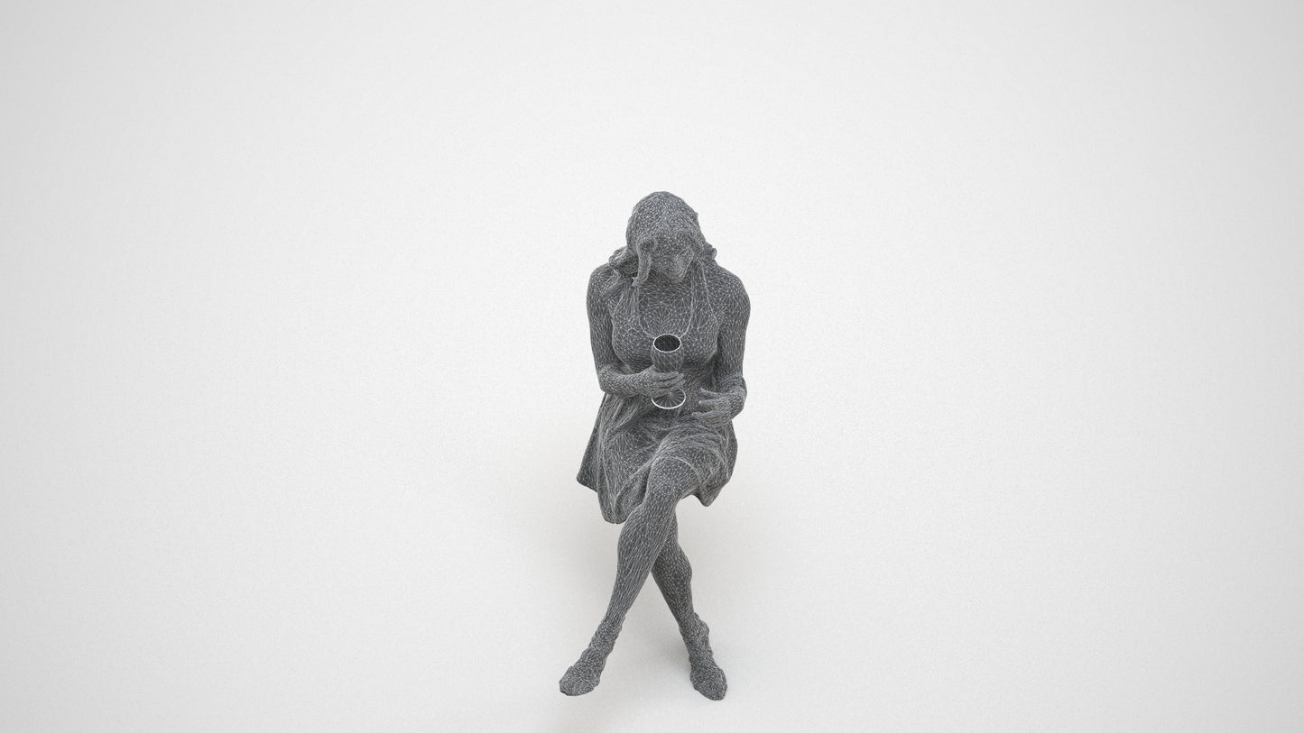 scanned 3D woman sitting, photogrammetry people for Enscape and V-Ray, wireframe three-quarter view