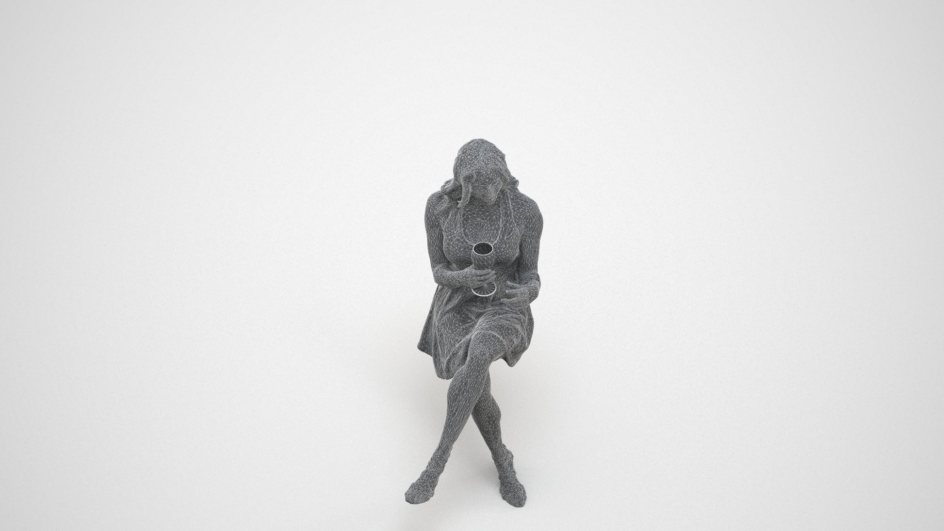 scanned 3D woman sitting, photogrammetry people for Enscape and V-Ray, wireframe three-quarter view