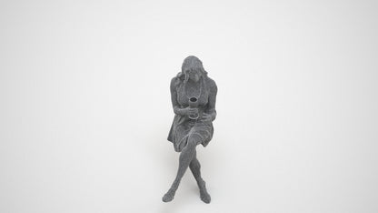 scanned 3D woman sitting, photogrammetry people for Enscape and V-Ray, wireframe three-quarter view