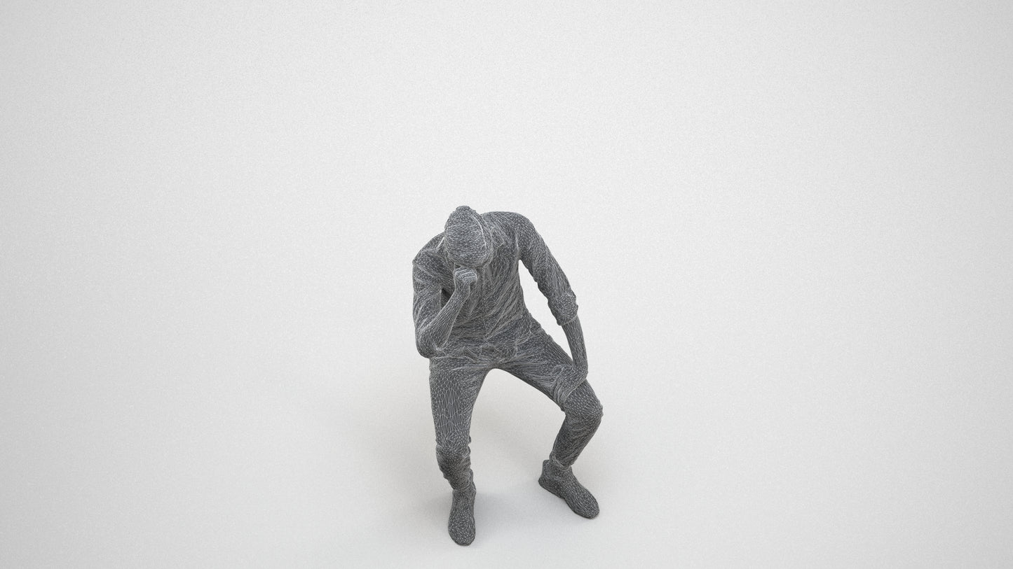 3D people model man casual sitting, scanned human for 3ds Max rendering, wireframe three-quarter view