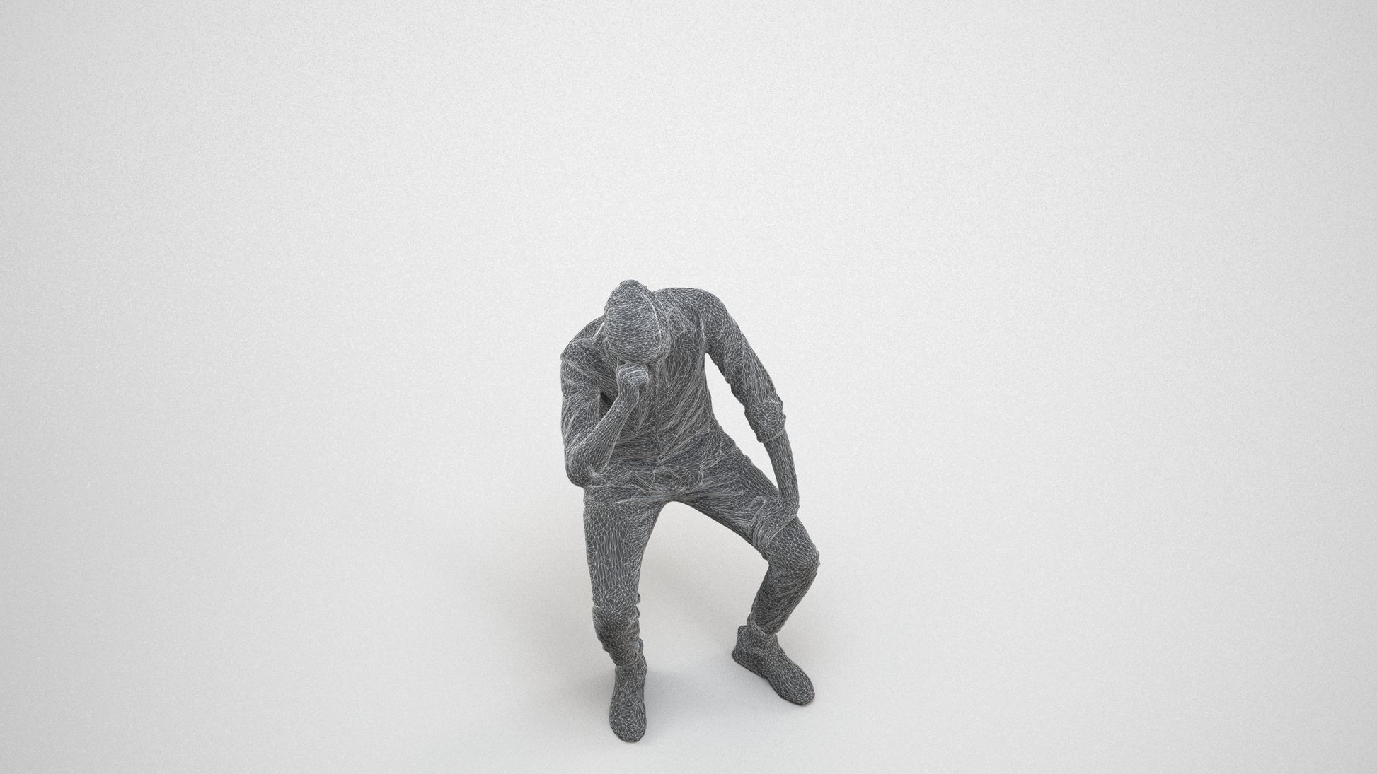 3D people model man casual sitting, scanned human for 3ds Max rendering, wireframe three-quarter view