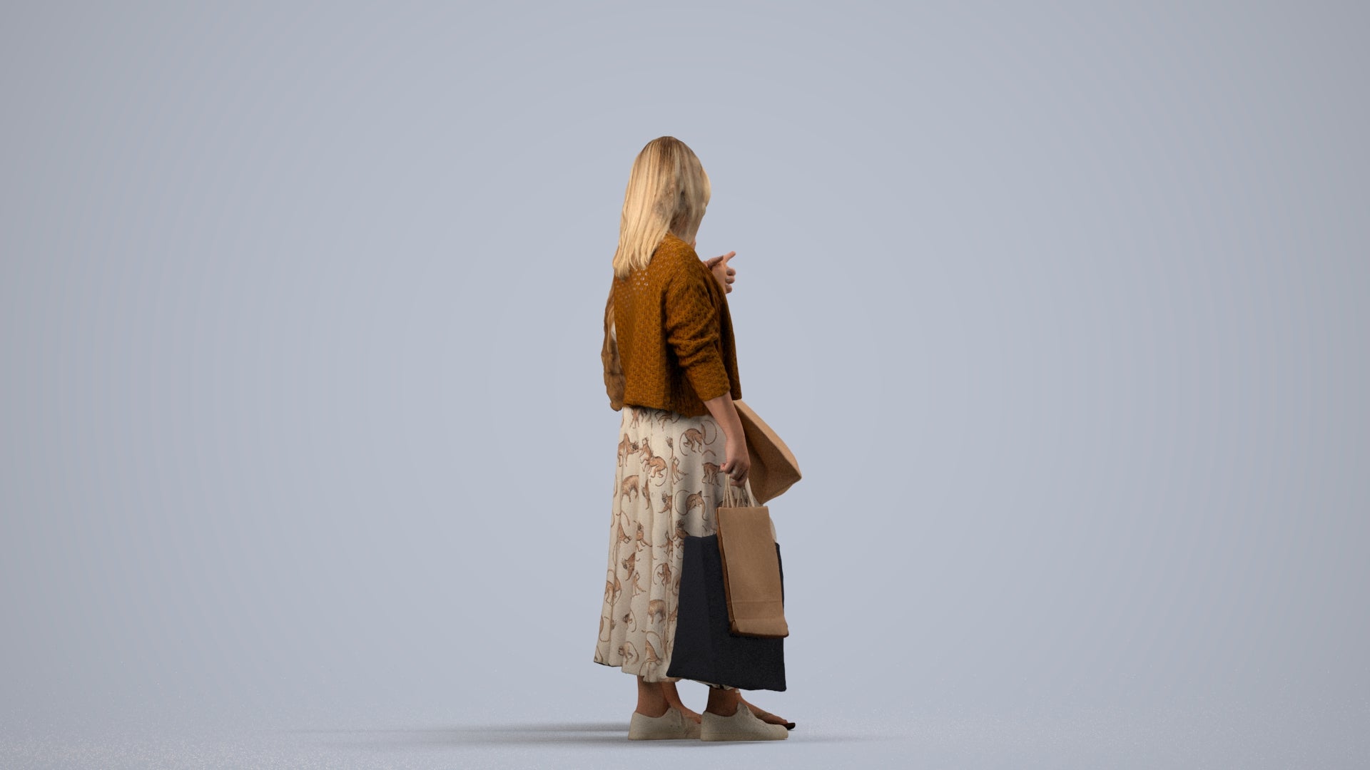 3D human model girl casual shopping, photogrammetry scanned person for archviz, side view render