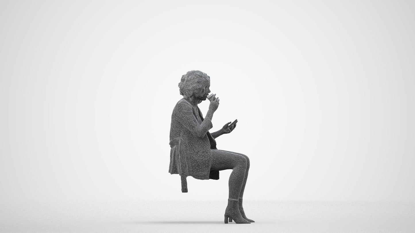 3D people model woman business sitting, scanned human for 3ds Max rendering, wireframe side view