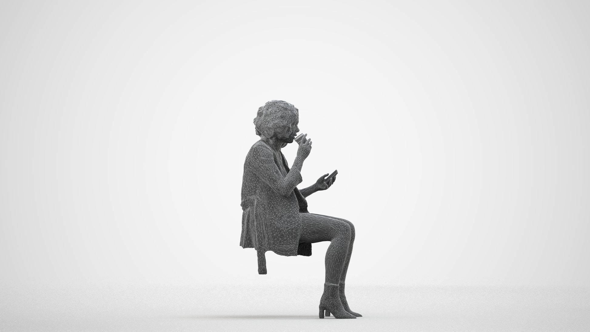 3D people model woman business sitting, scanned human for 3ds Max rendering, wireframe side view