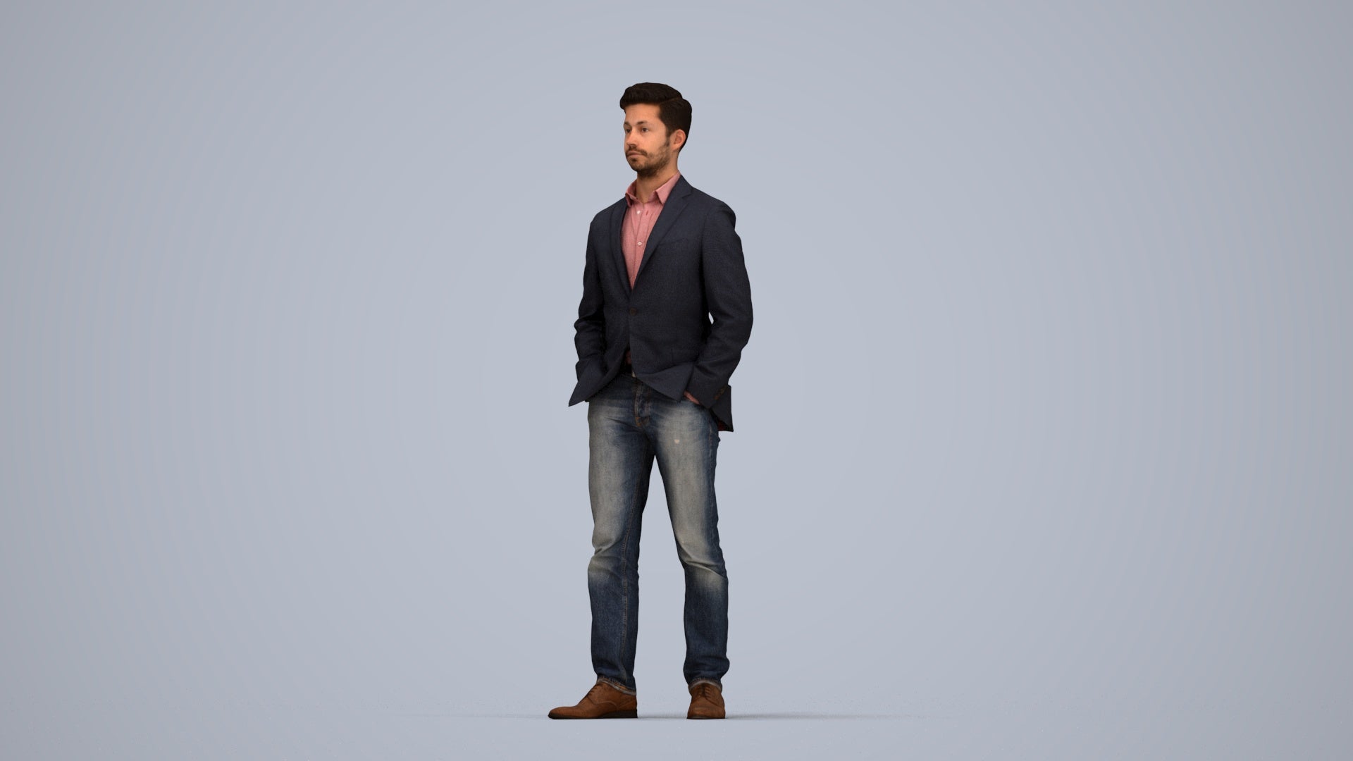 3D people model man business standing, scanned human for 3ds Max rendering, top-down view render