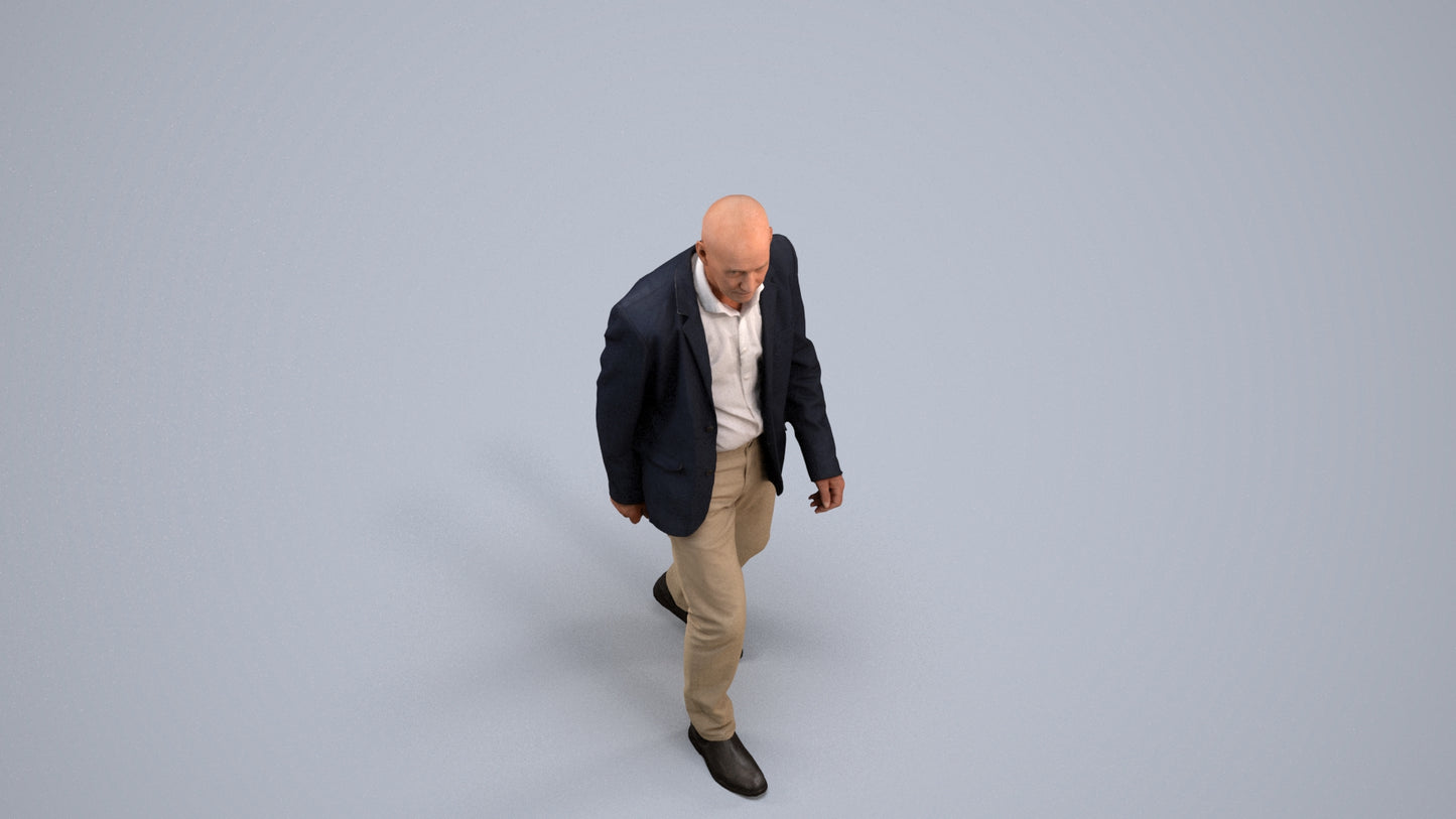 3D human model senior man business, photogrammetry scanned person for archviz, back view render