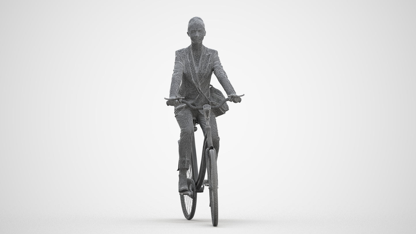 3D human model woman business cycling, photogrammetry scanned person for archviz, three-quarter front view render