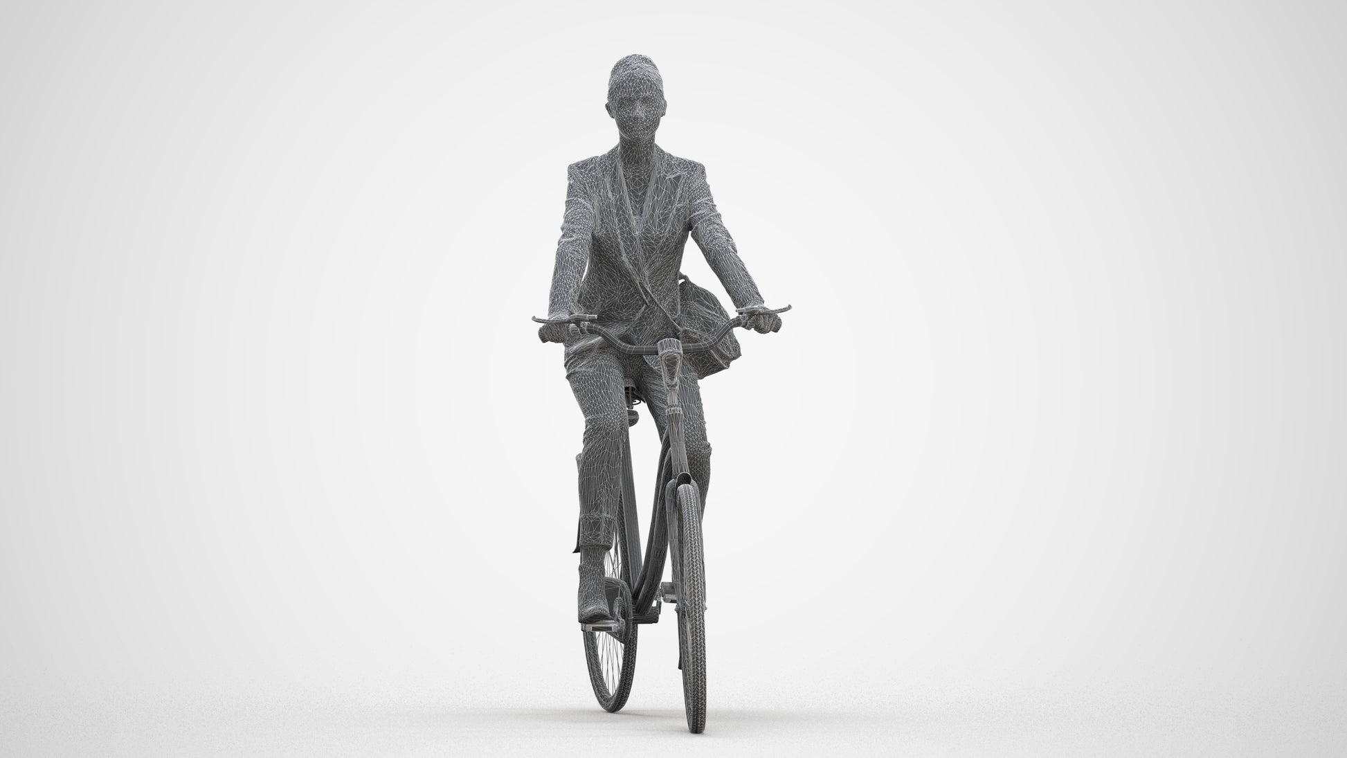 3D human model woman business cycling, photogrammetry scanned person for archviz, three-quarter front view render