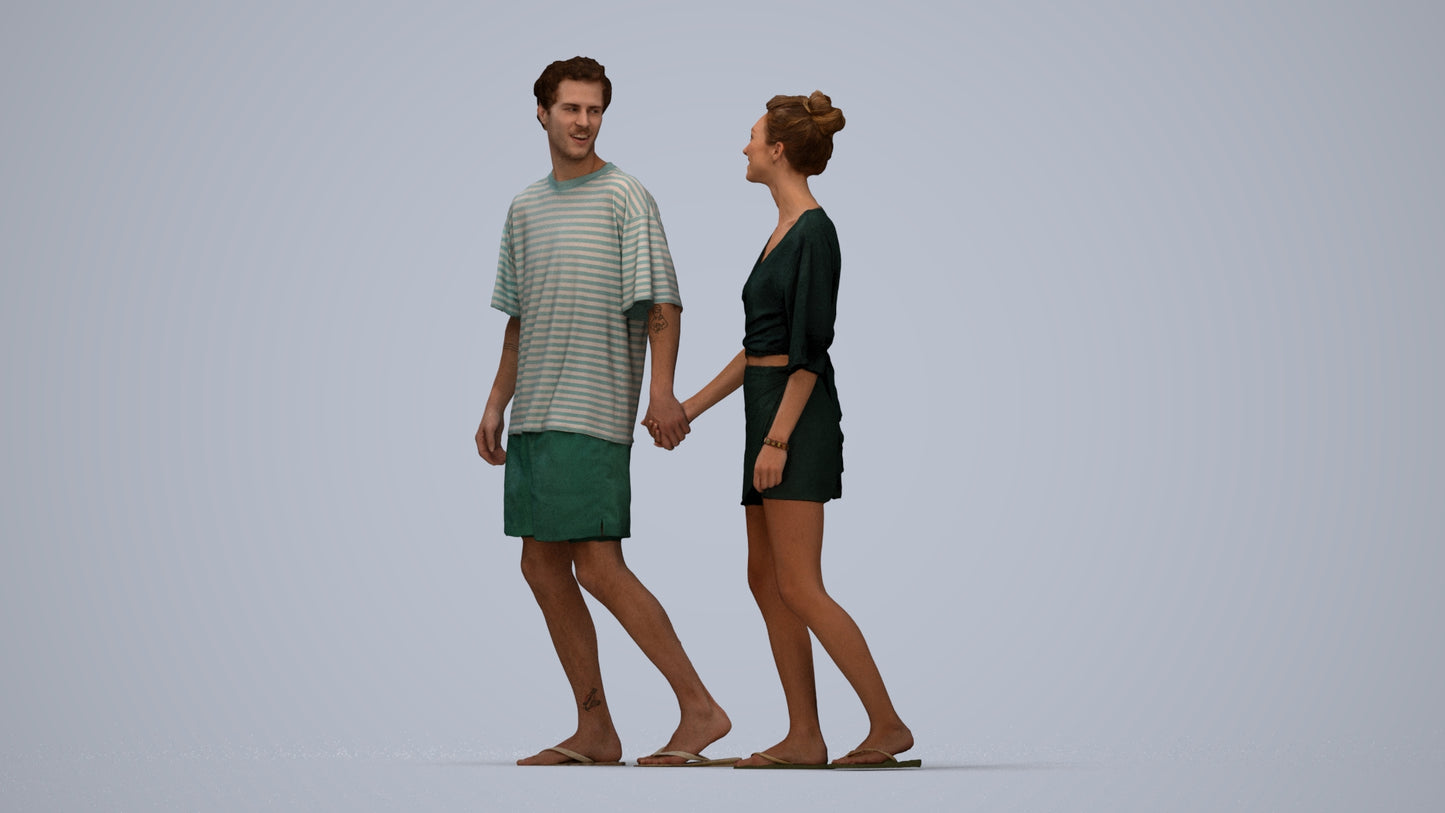 realistic 3D woman casual couple, scanned archviz people for Blender and 3ds Max, top-down view render