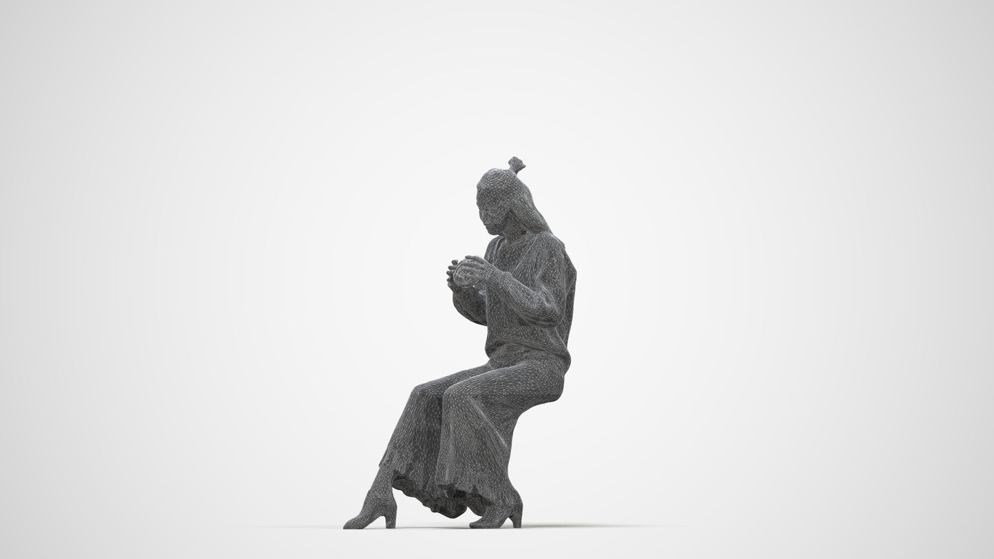 3D human model woman casual sitting, photogrammetry scanned person for archviz, wireframe back view