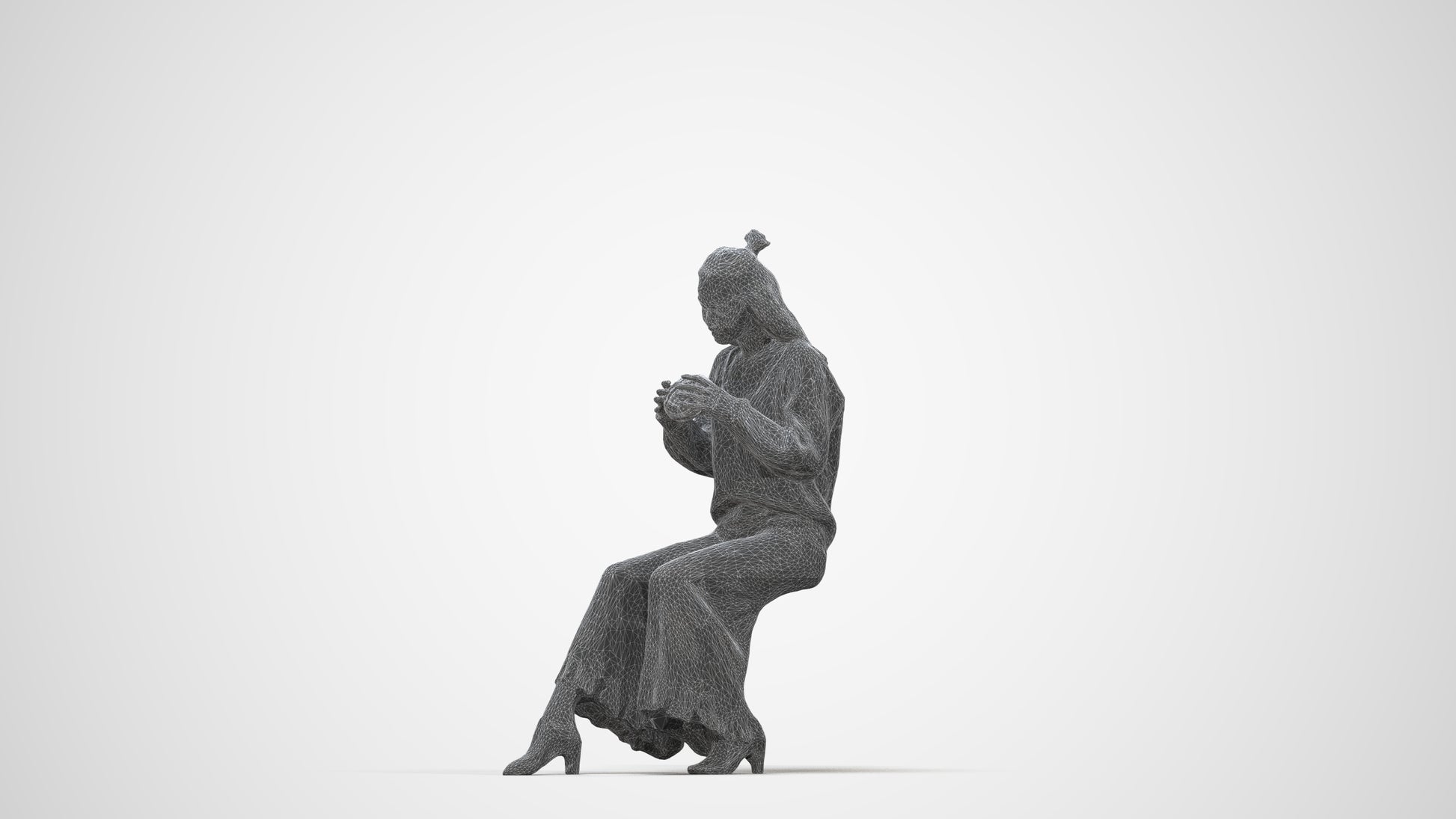 3D human model woman casual sitting, photogrammetry scanned person for archviz, wireframe back view