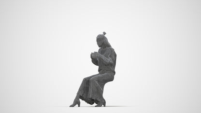 3D human model woman casual sitting, photogrammetry scanned person for archviz, wireframe back view