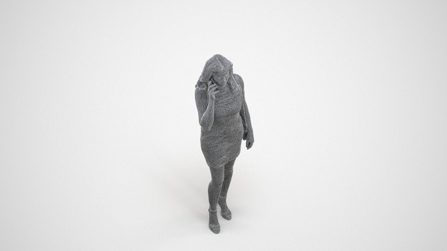 3D human model woman casual standing, photogrammetry scanned person for archviz, wireframe three-quarter view