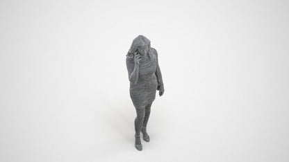3D human model woman casual standing, photogrammetry scanned person for archviz, wireframe three-quarter view