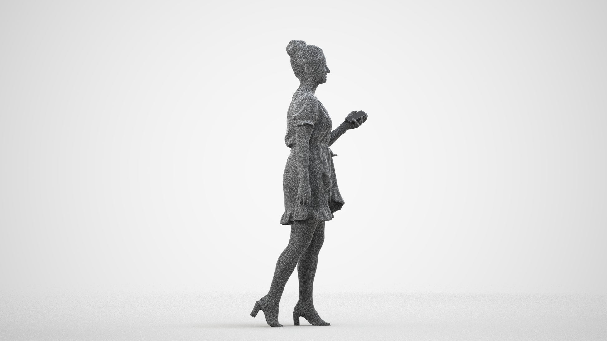 3D people model woman casual walking, scanned human for 3ds Max rendering, wireframe side view