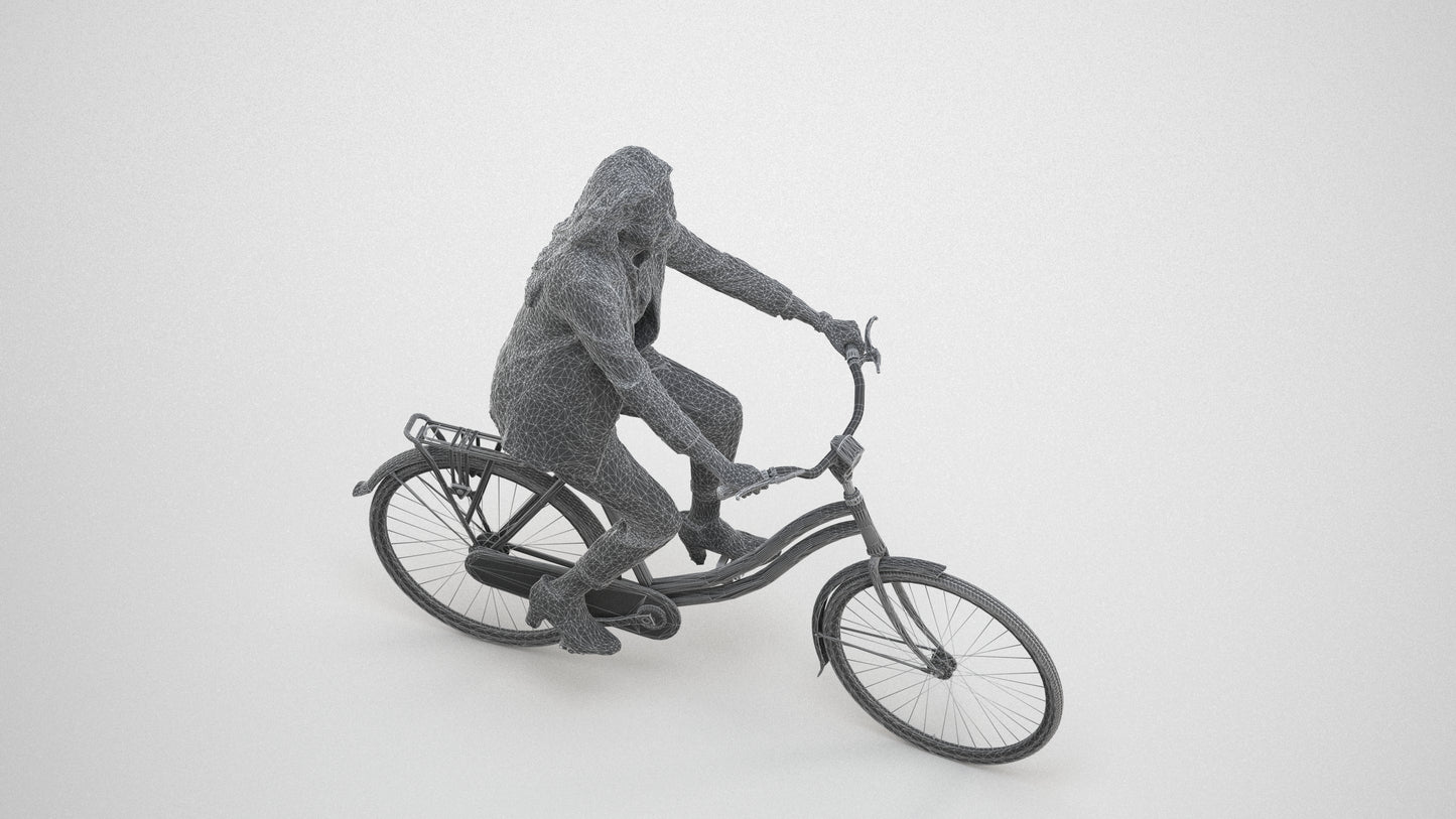 photogrammetry 3D woman business cycling, realistic human model archviz FBX, wireframe three-quarter view