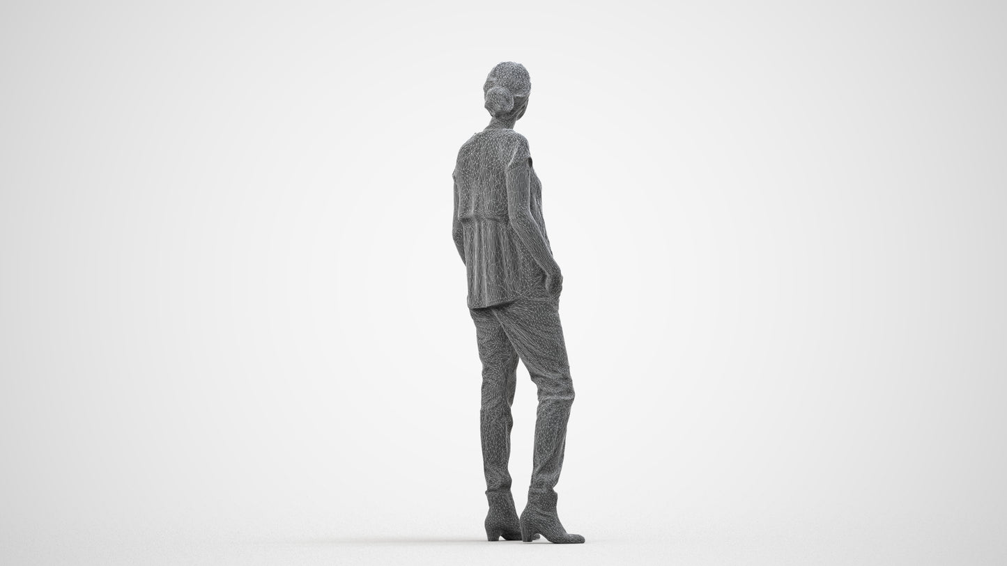 scanned 3D woman casual standing, photogrammetry people for Enscape and V-Ray, wireframe side view
