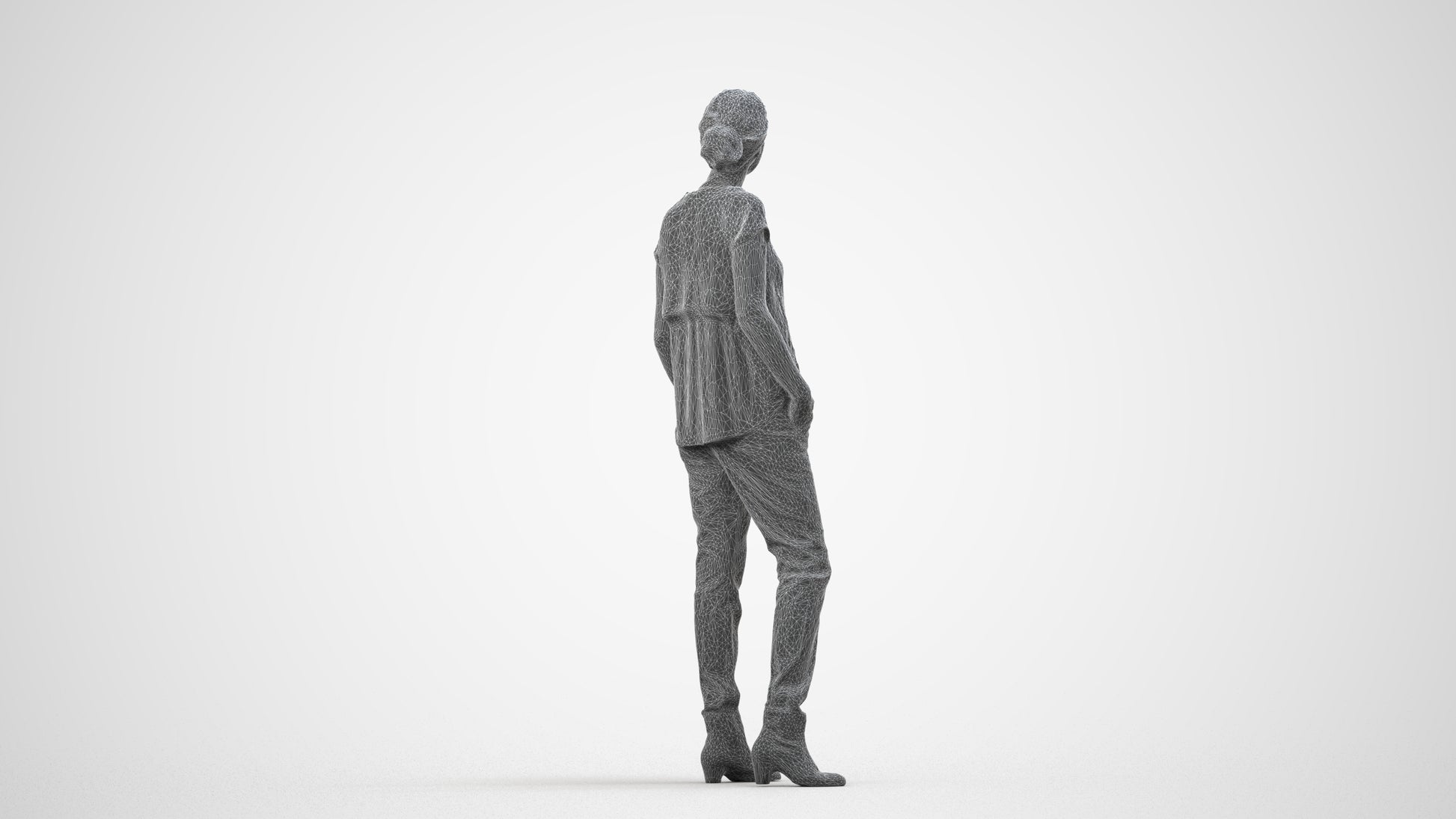scanned 3D woman casual standing, photogrammetry people for Enscape and V-Ray, wireframe side view