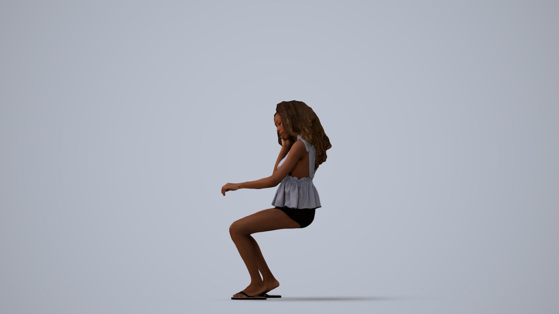 scanned 3D woman casual sitting, photogrammetry people for Enscape and V-Ray, three-quarter view render