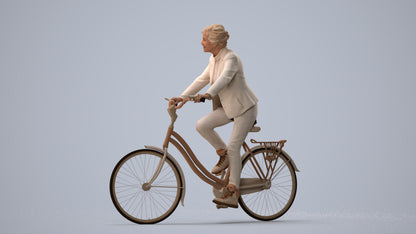 photogrammetry 3D senior woman business cycling, realistic human model archviz FBX, three-quarter view render