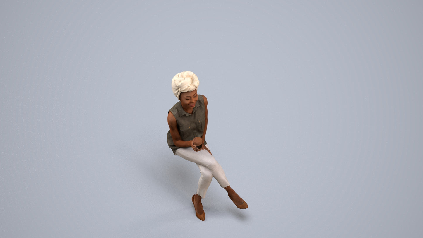 photogrammetry 3D woman casual sitting, realistic human model archviz FBX, back view render