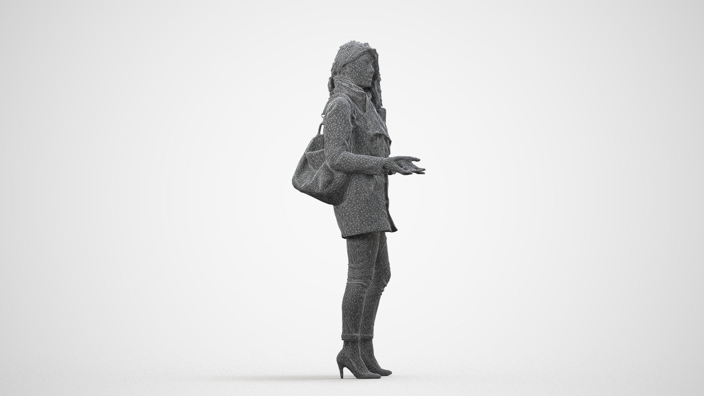 3D scanned woman standing casual, photorealistic archviz people for Enscape and SketchUp, wireframe side view
