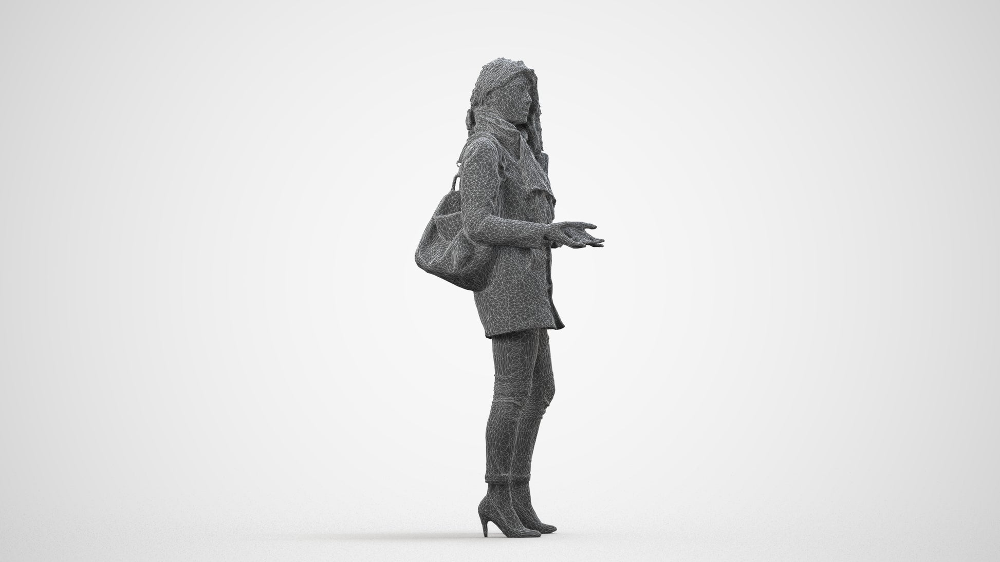 3D scanned woman standing casual, photorealistic archviz people for Enscape and SketchUp, wireframe side view