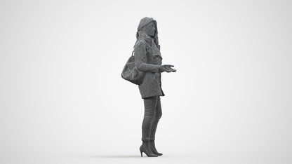 3D scanned woman standing casual, photorealistic archviz people for Enscape and SketchUp, wireframe side view