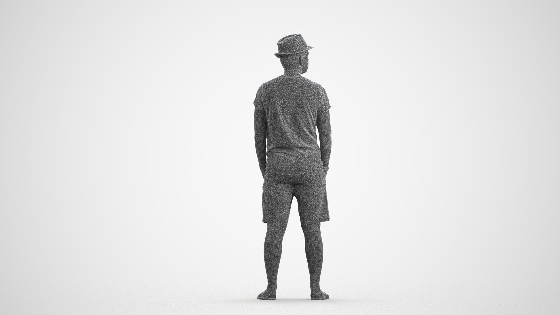 3D scanned man standing casual, photorealistic archviz people for Enscape and SketchUp, wireframe front view