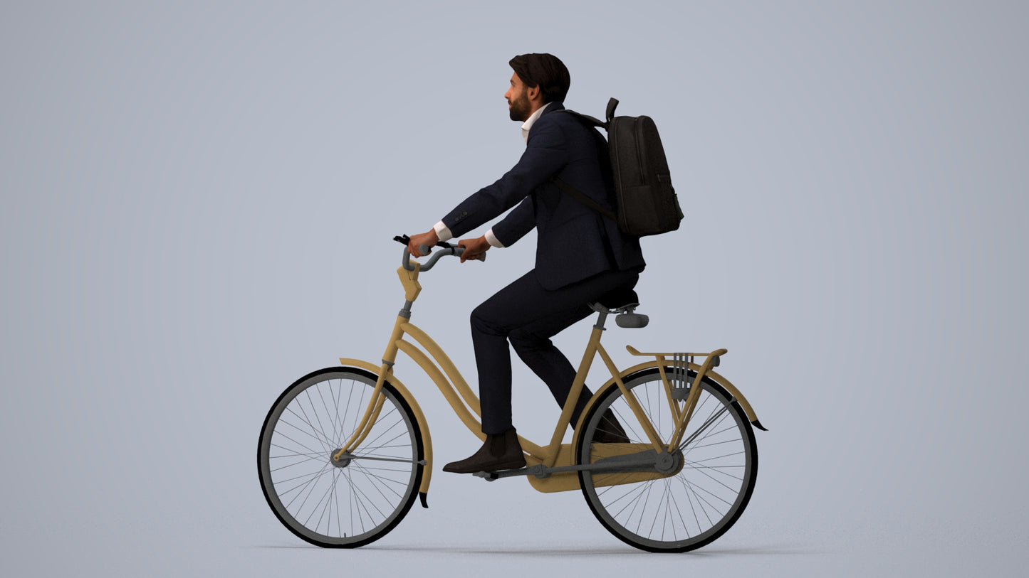 3D scanned man cycling business, photorealistic archviz people for Enscape and SketchUp, three-quarter view render