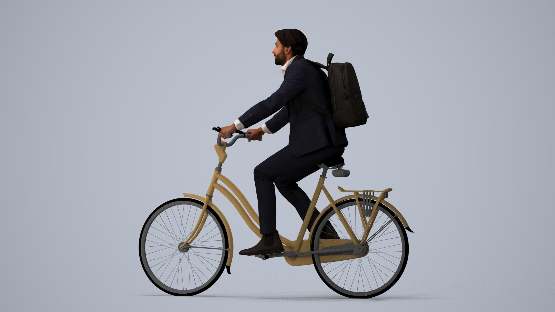 3D scanned man cycling business, photorealistic archviz people for Enscape and SketchUp, three-quarter view render