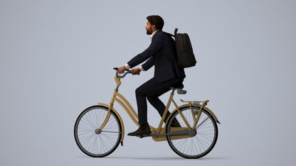 3D scanned man cycling business, photorealistic archviz people for Enscape and SketchUp, three-quarter view render