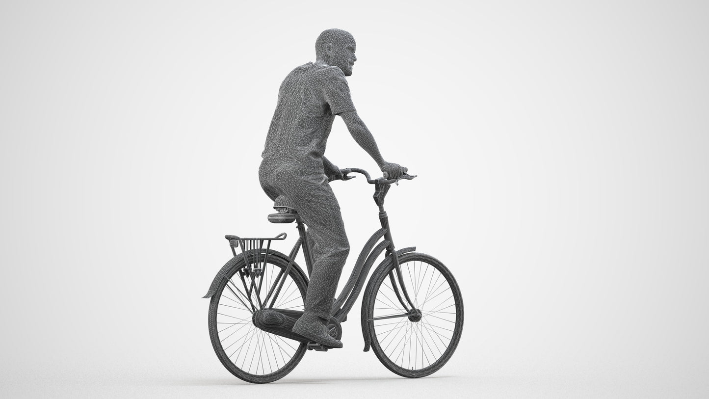 realistic 3D man casual cycling, scanned archviz people for Blender and 3ds Max, wireframe side view