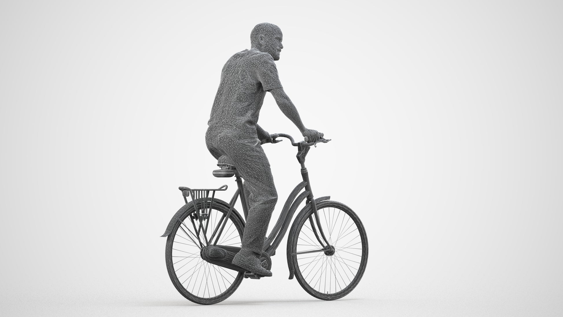 realistic 3D man casual cycling, scanned archviz people for Blender and 3ds Max, wireframe side view