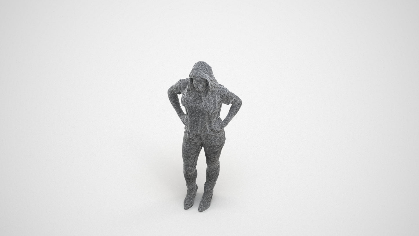 realistic 3D human woman casual standing, archviz people FBX OBJ for Blender, wireframe three-quarter view